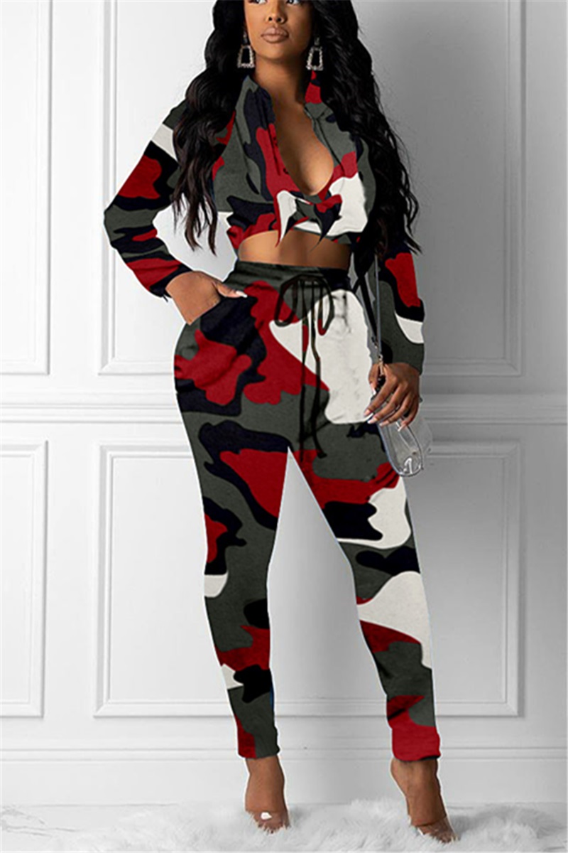 Women's Fashion Long Sleeve Chest Strap Camouflage Red Two-Piece Suit