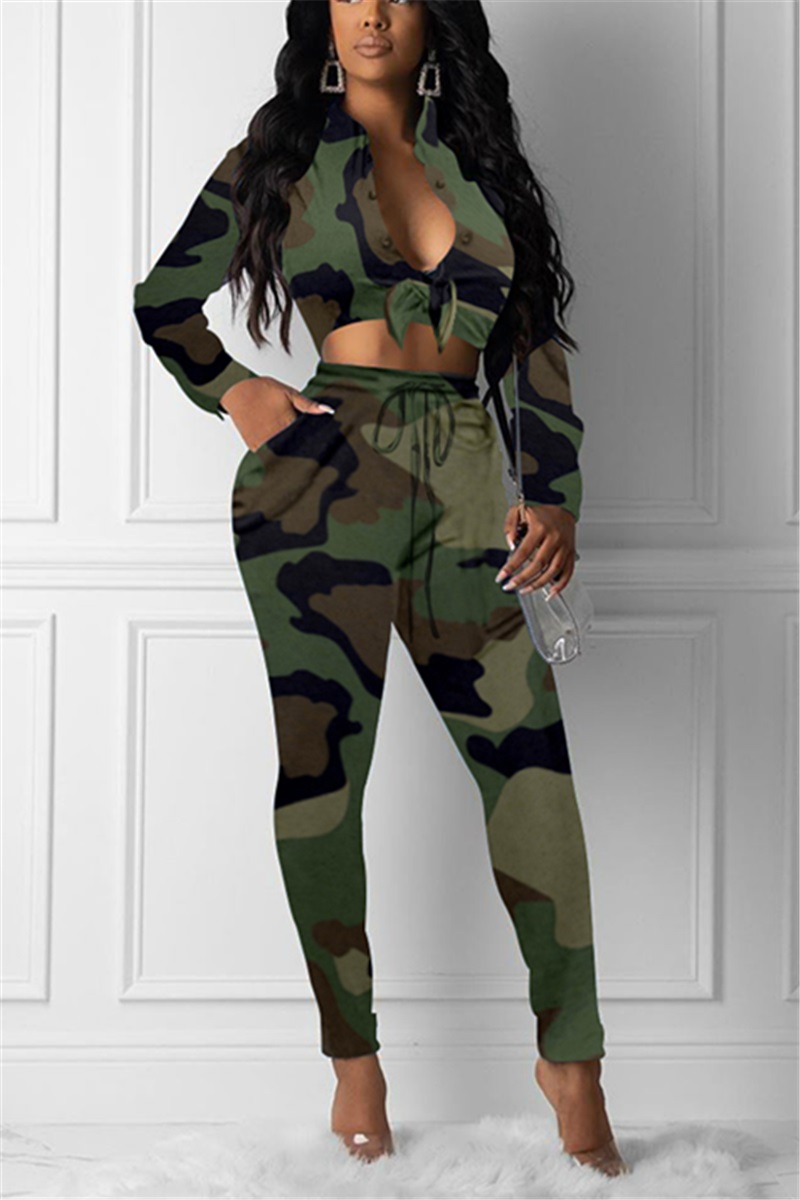 Women's Fashion Long Sleeve Chest Strap Camouflage Two-Piece Suit