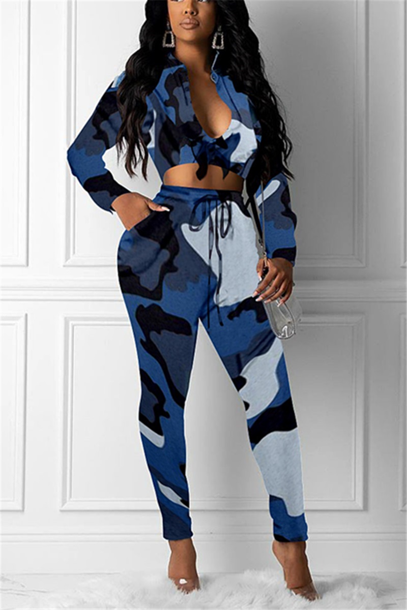 Women's Fashion Long Sleeve Chest Strap Camouflage Blue Two-Piece Suit