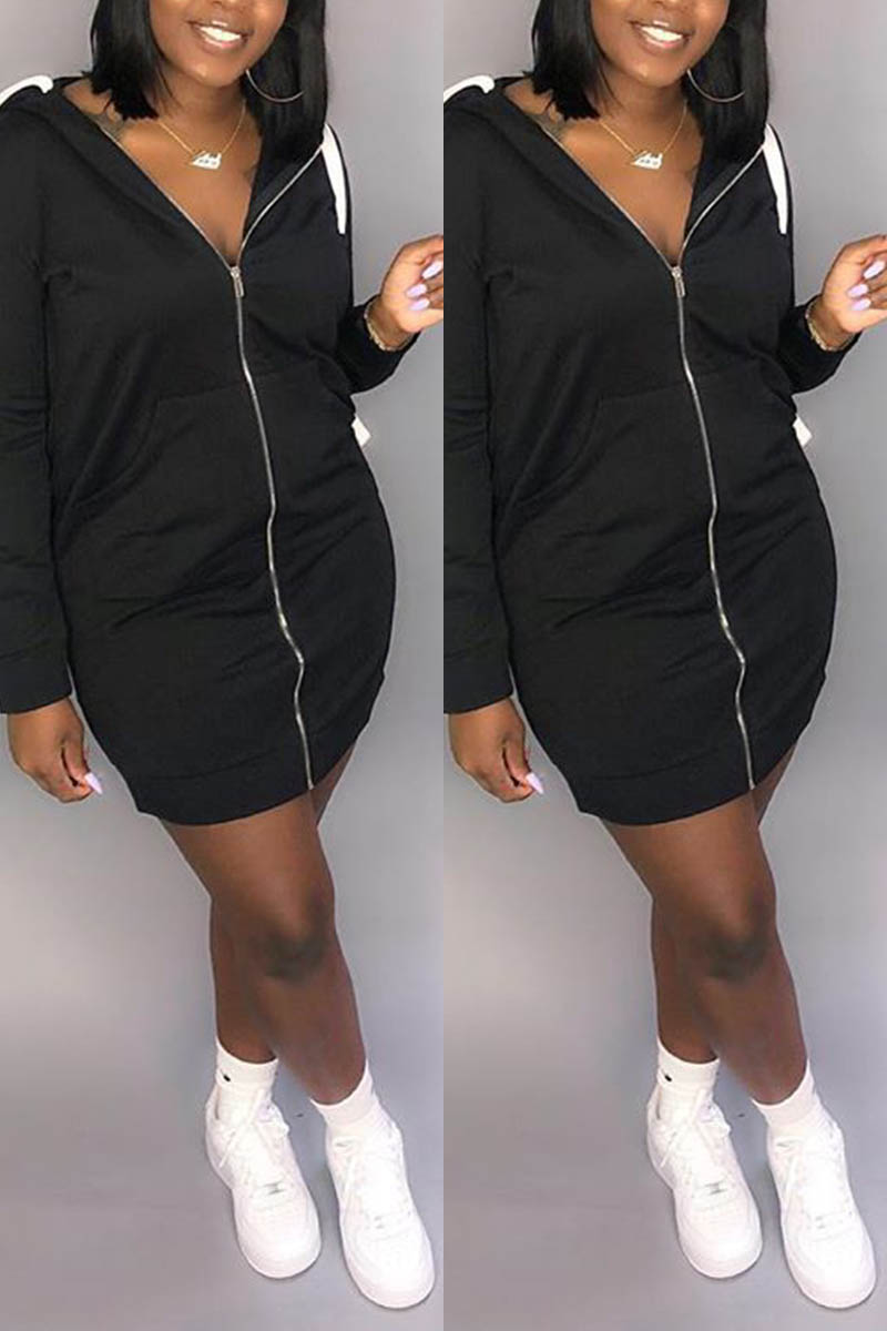 Fashion Casual Zipper Bag Hip Hooded Sweater Black Dress