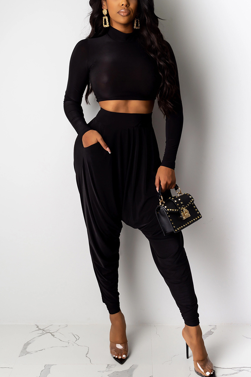Fashion Casual Dew Waist Black Solid Two Pieces