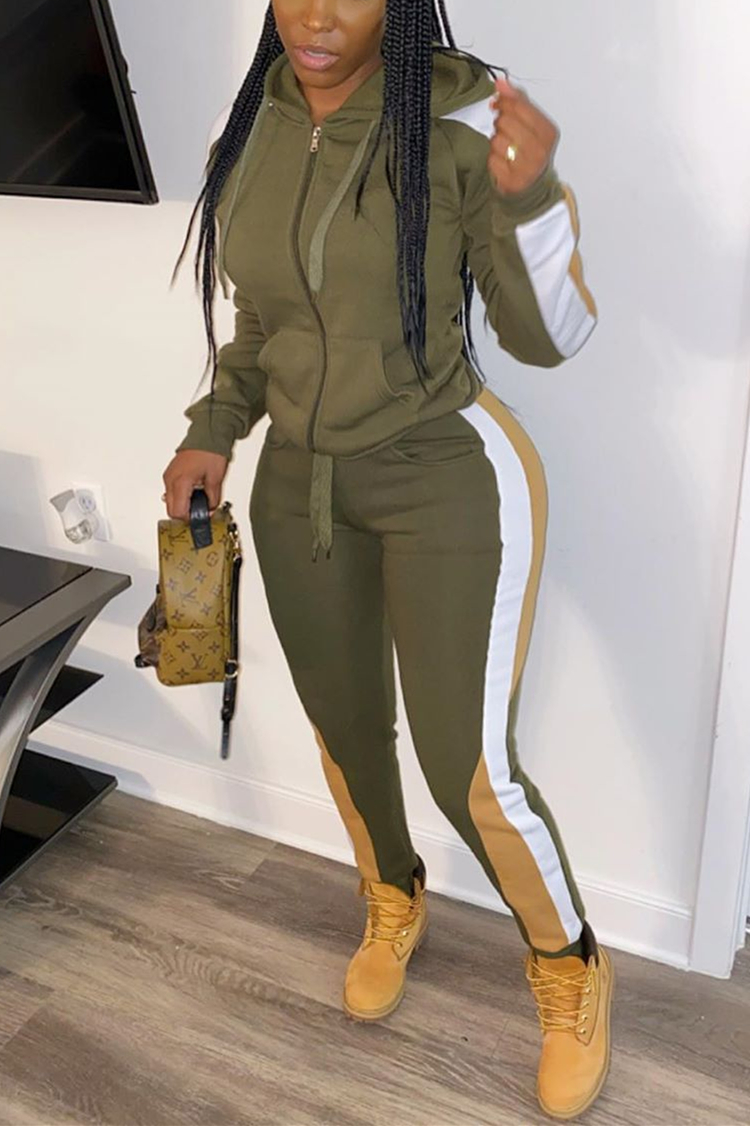 Fashion Casual Patchwork Hooded Zipper Army Green Two-Piece Suit