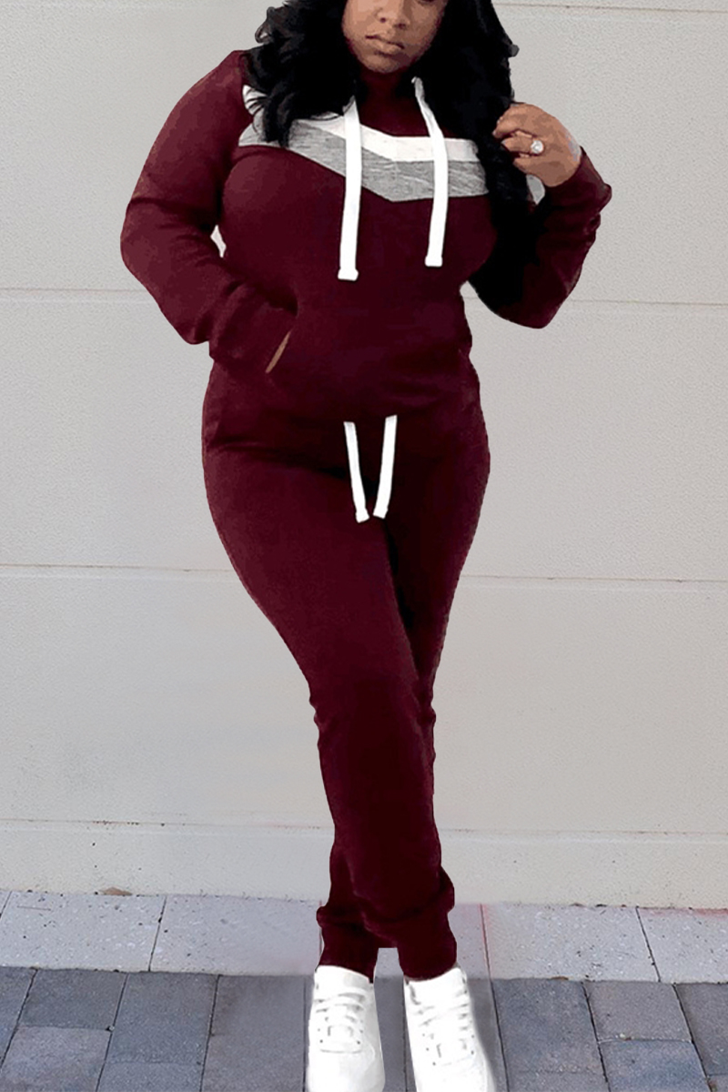 Casual Stripes Stitching Hooded Sweater And Trousers Wine Red Two Piece Suit