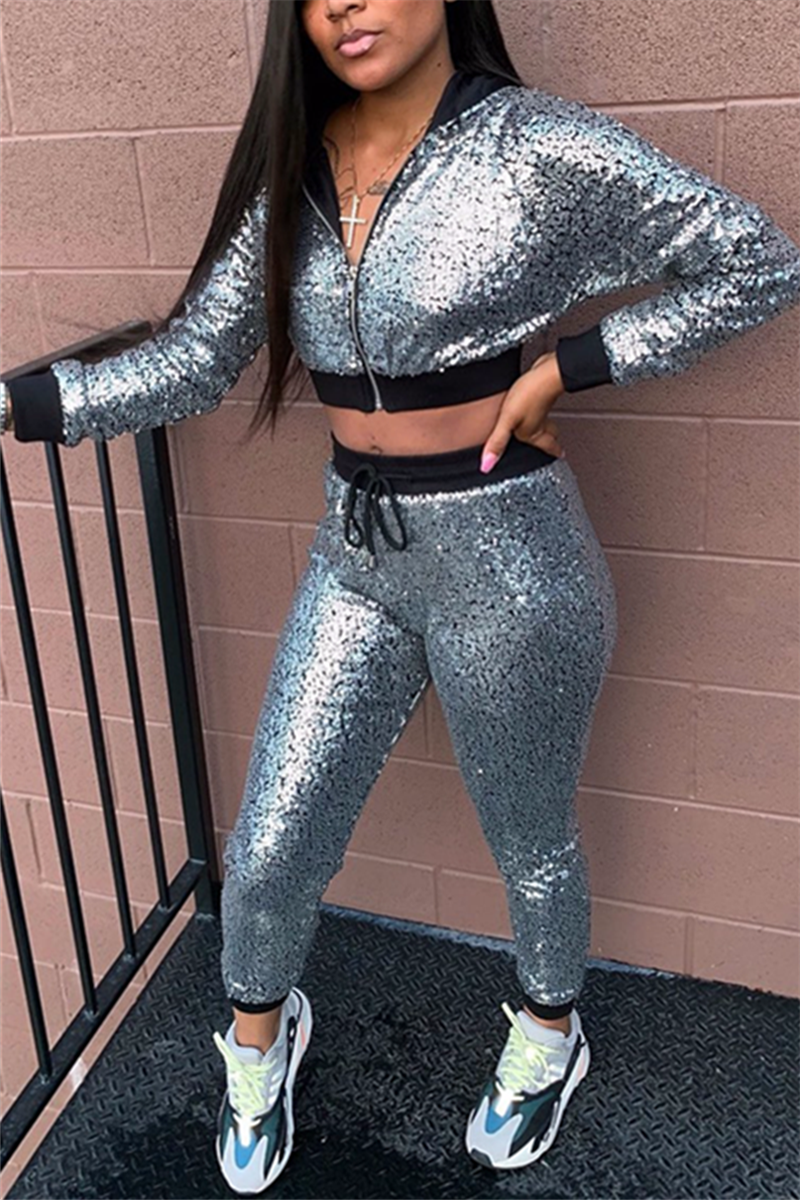 Fashion Casual Sports Sequins Silver Long Sleeve Two-Piece