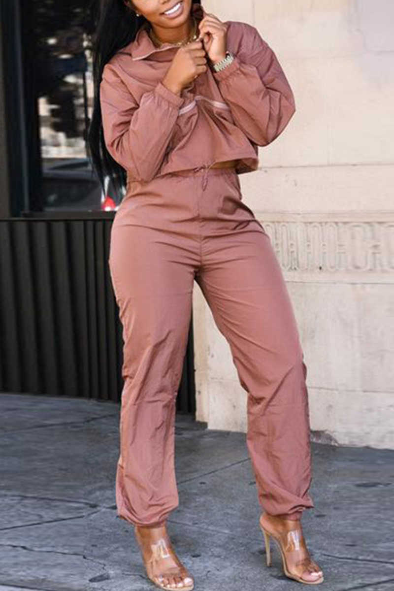 Fashion Casual Loose Pink Solid Tracksuit