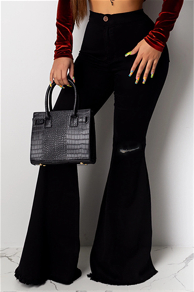 Fashion Casual Black Denim Flare Trousers