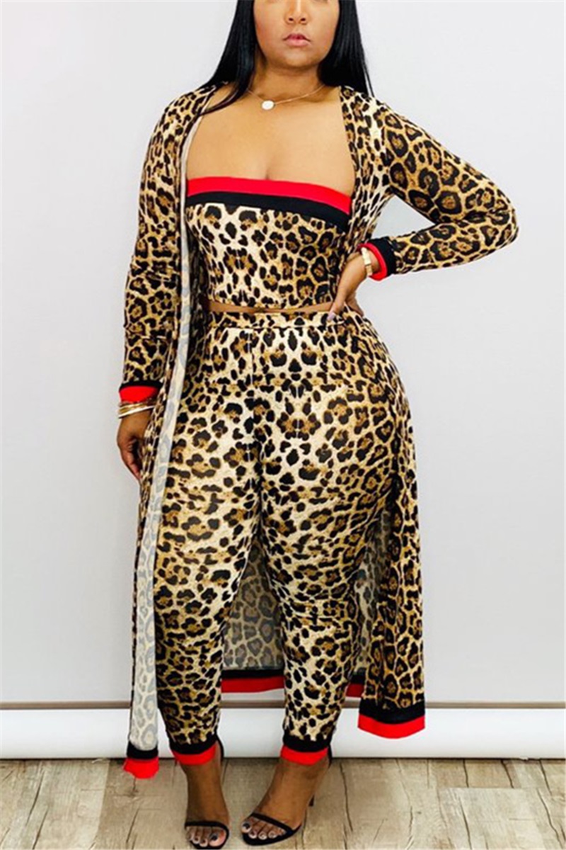 Fashion Sexy Print Leopard 3 Piece Suit (Wrap Chest + Trousers + Long Coat)