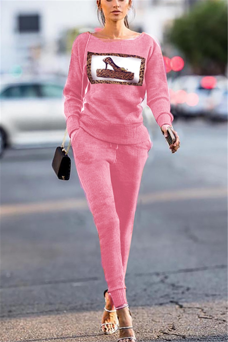 Casual Round Neck Knit Pink Two-Piece Suit