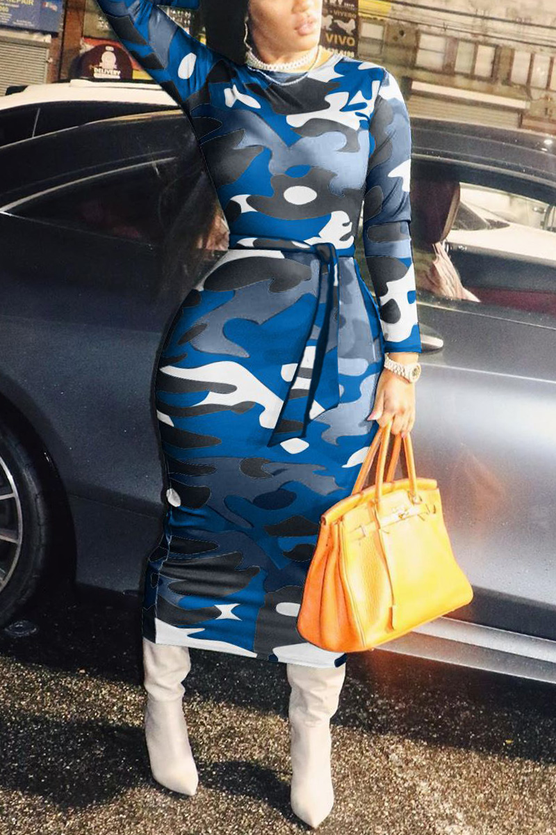 Fashion Sexy Camouflage Blue Long Sleeve Dress