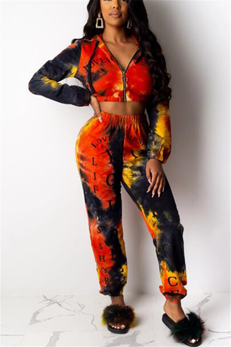 Fashion Digital Print Hooded Red Two-Piece Suit