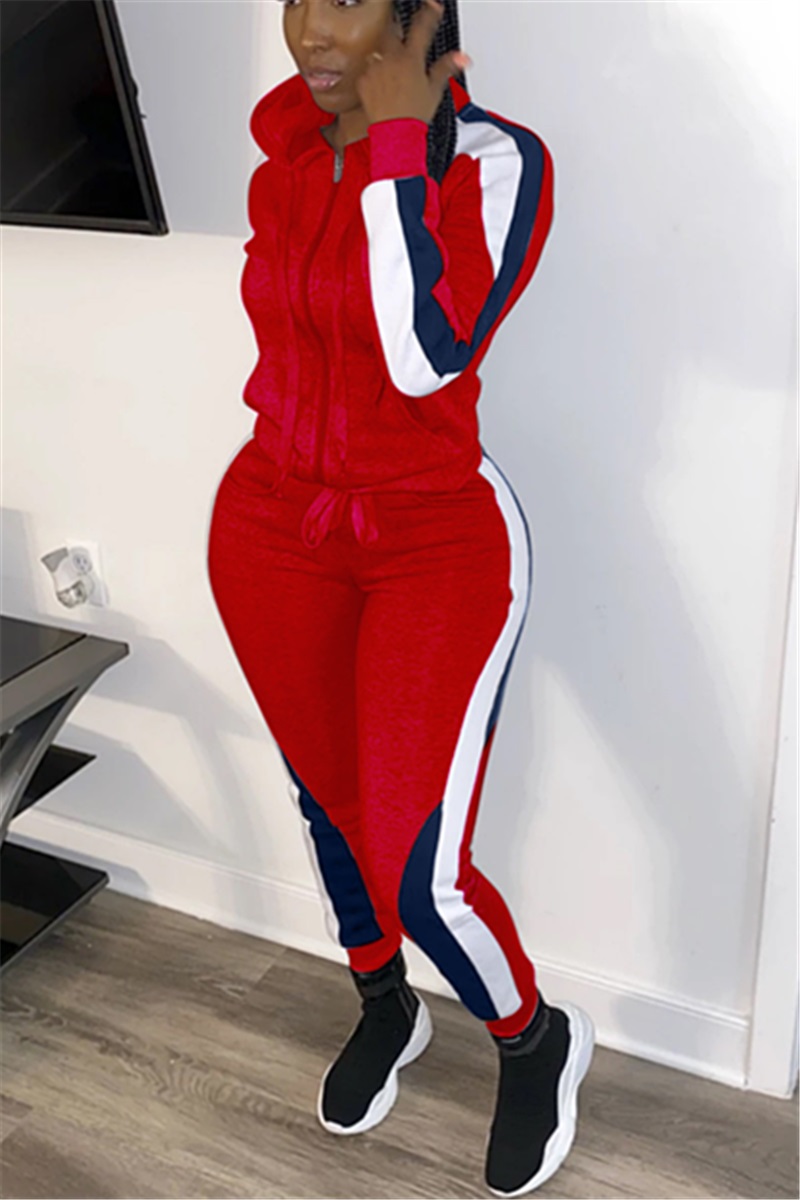 Fashion Casual Patchwork Hooded Zipper Red Two-Piece Suit
