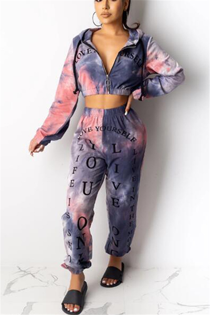 Fashion Digital Print Hooded Gray Two-Piece Suit