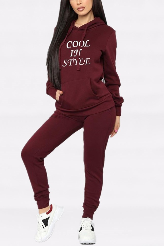Fashion Embroidered Hoodie Wine Red Print Two Piece Suit