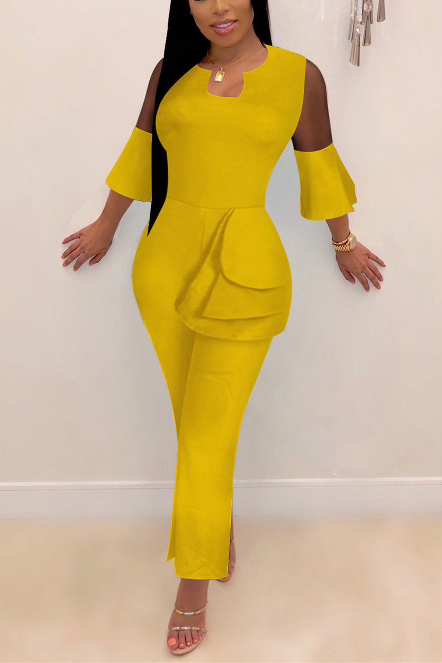 Fashion V Neck Ruffled Lace Sleeves With Irregular Yellow Jumpsuit