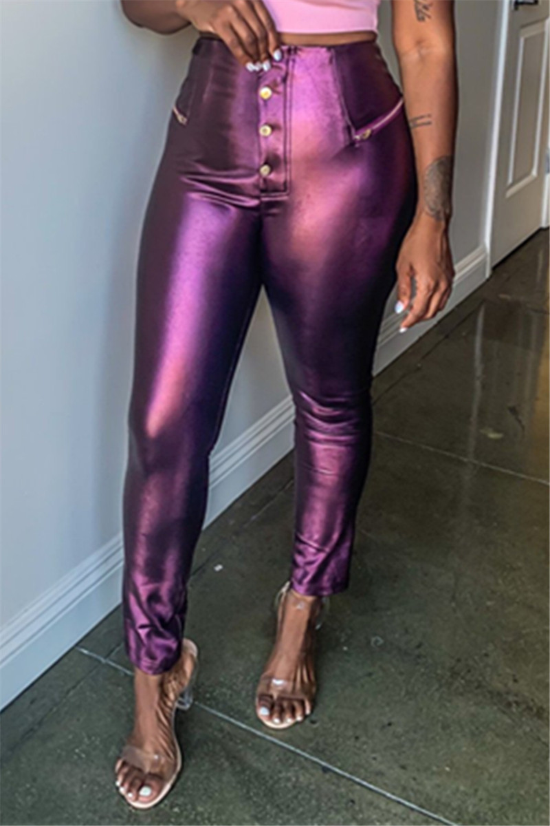 Fashion Sexy Solid Color PU Purple Trousers