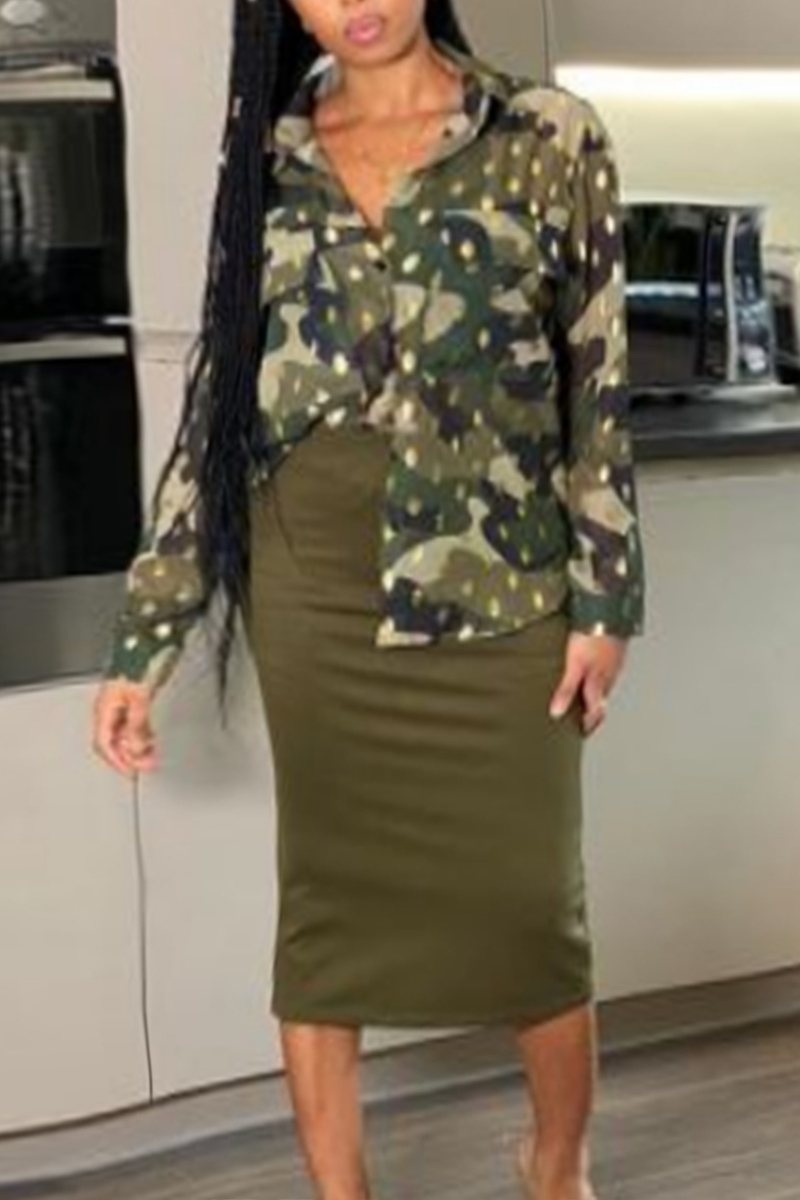 Fashion Chiffon Long Sleeve Army Green Camouflage Shirt(Only Top)