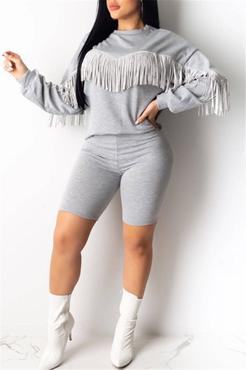 Casual Fashion Tassel Long Sleeve Shorts Gray Two-Piece Suit