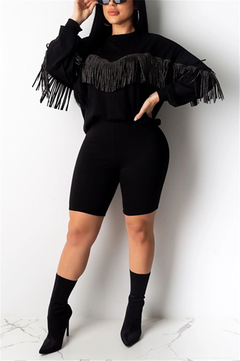 Casual Fashion Tassel Long Sleeve Shorts Black Two-Piece Suit