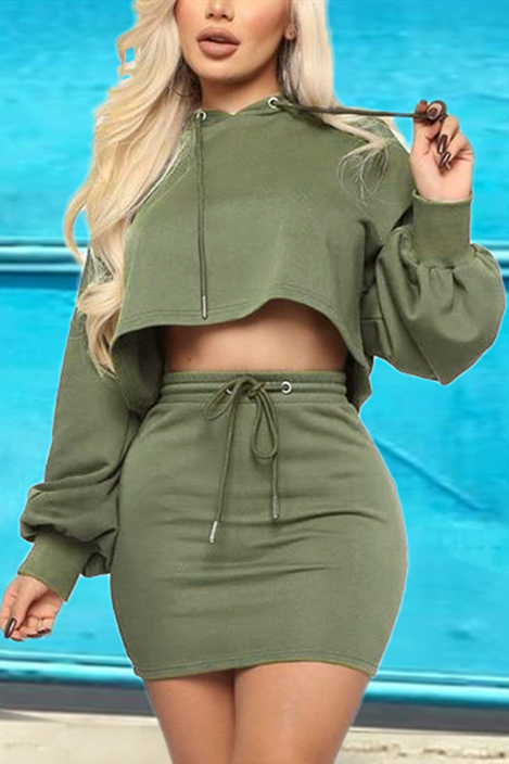 Sexy Bandage Long Sleeve Hooded Green Two Piece Suit