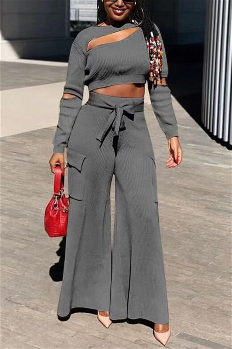 Fashion Casual Solid Color Gray Long Sleeve Two-Piece Suit (With Belt)