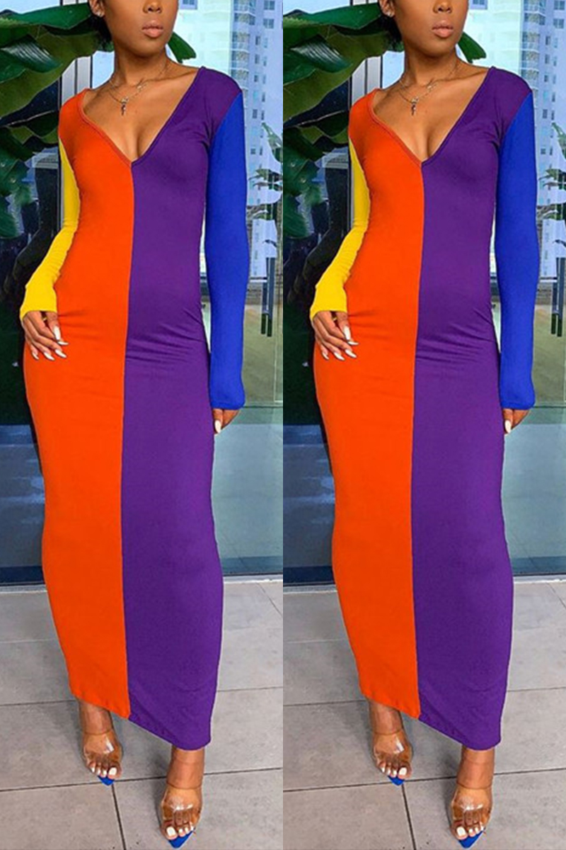 Fashion Sexy V-Neck Multicolor Long Sleeve Dress (With Belt)