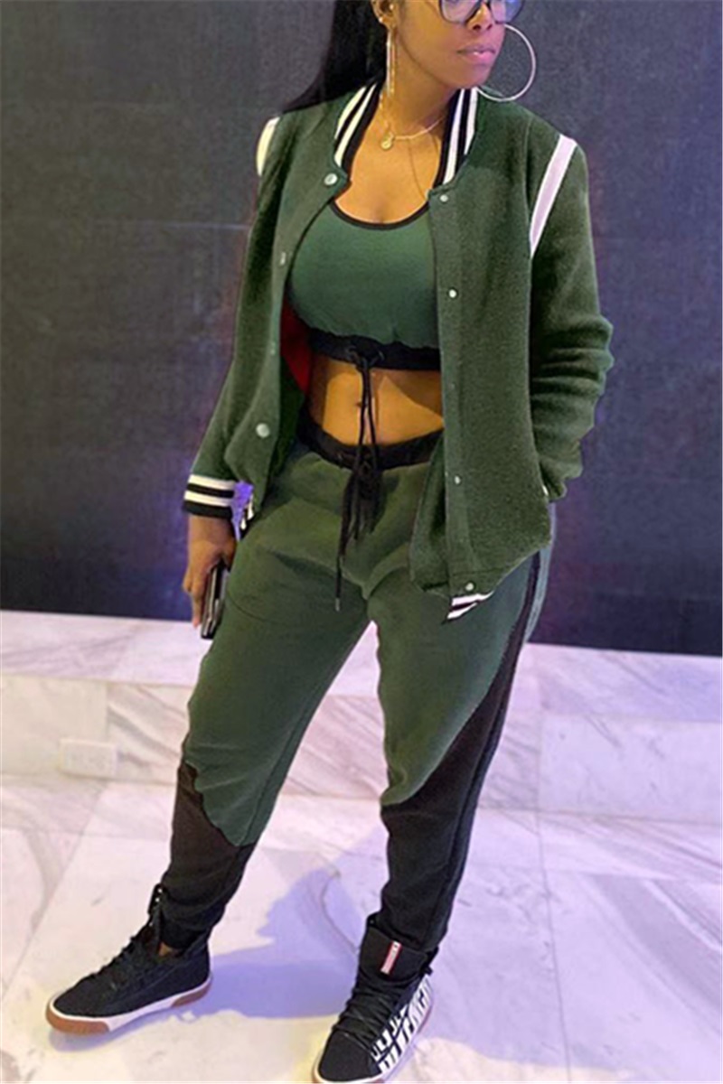 Sports Fashion Patchwork Army Green Two-Piece Suit (Trousers +Coat)