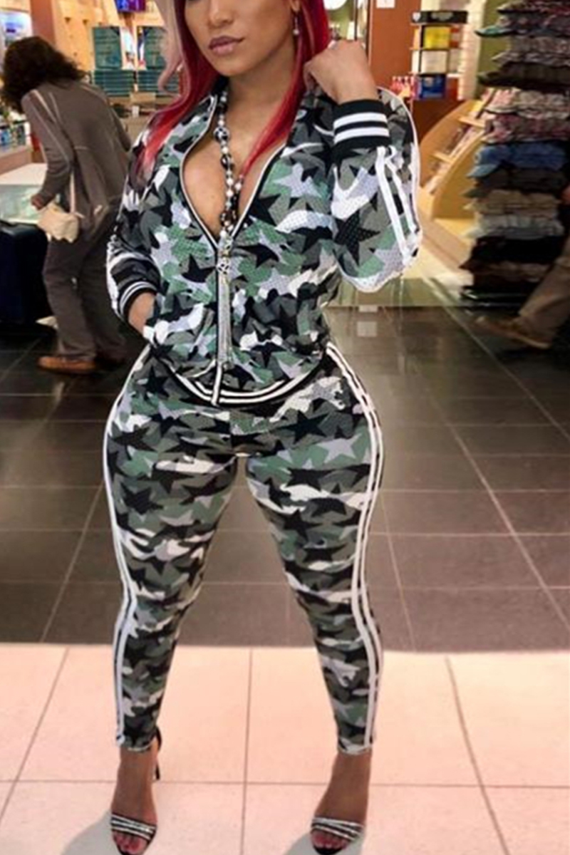 Fashion Breathable Green Camouflage Print Two Piece Suit