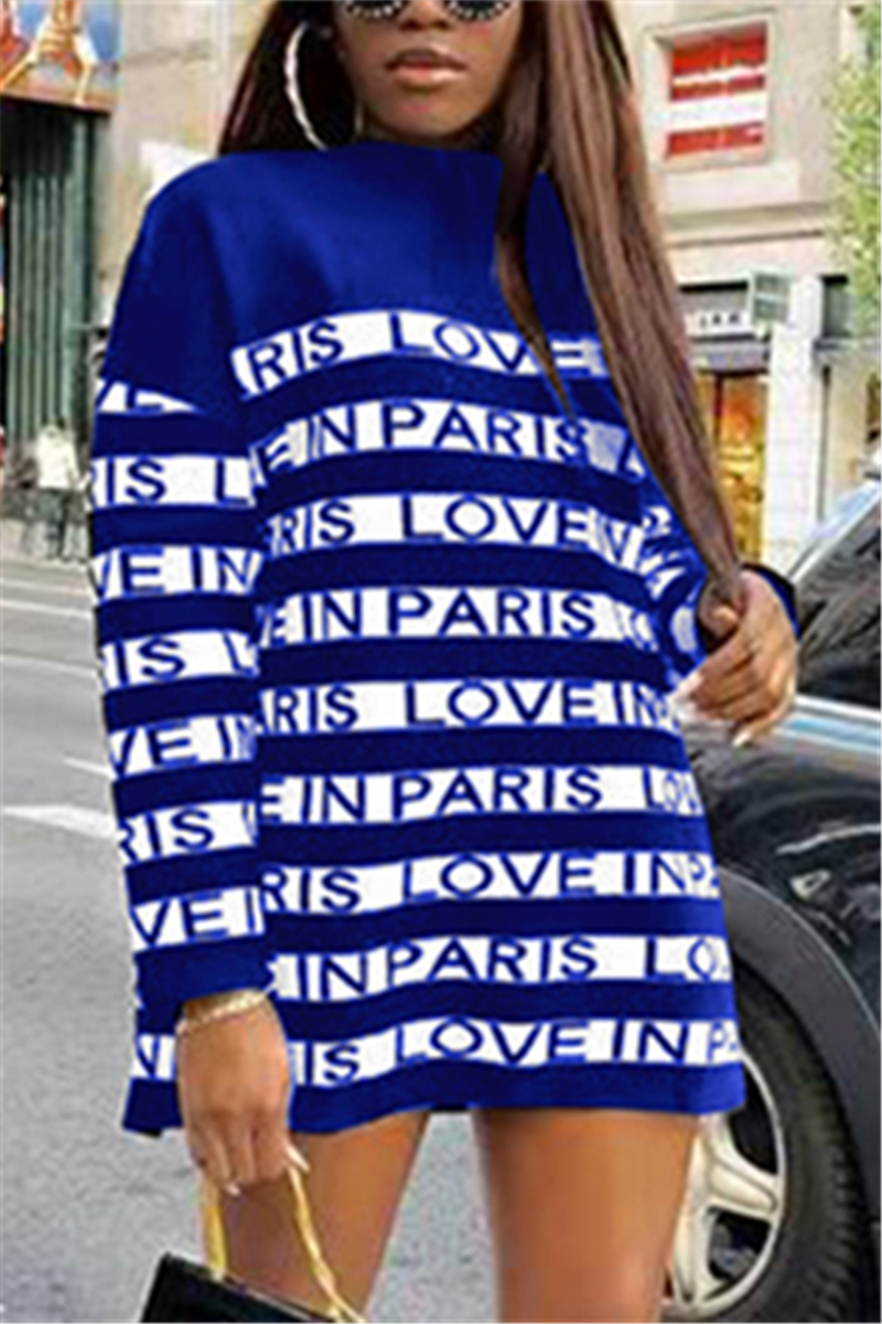 Fashion Casual Letters Print Royal Blue Long Sleeve Dress