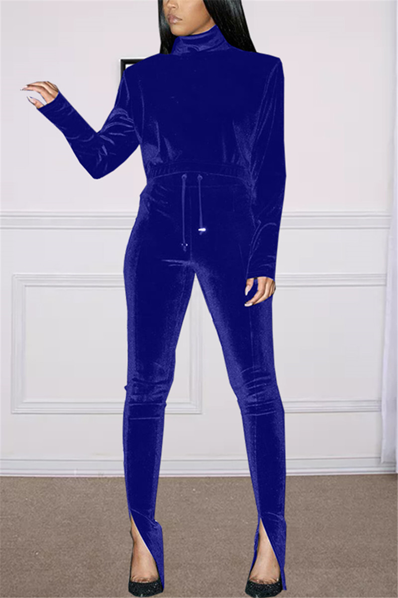 Fashion Casual Solid Color Royal Blue Long Sleeve Two-Piece Suit