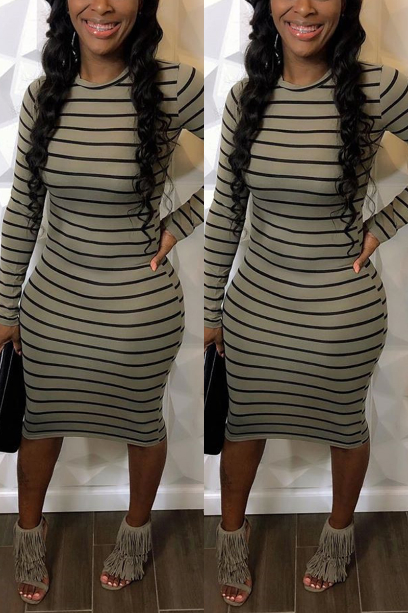 Fashion Casual Striped Gray Long Sleeve Dress