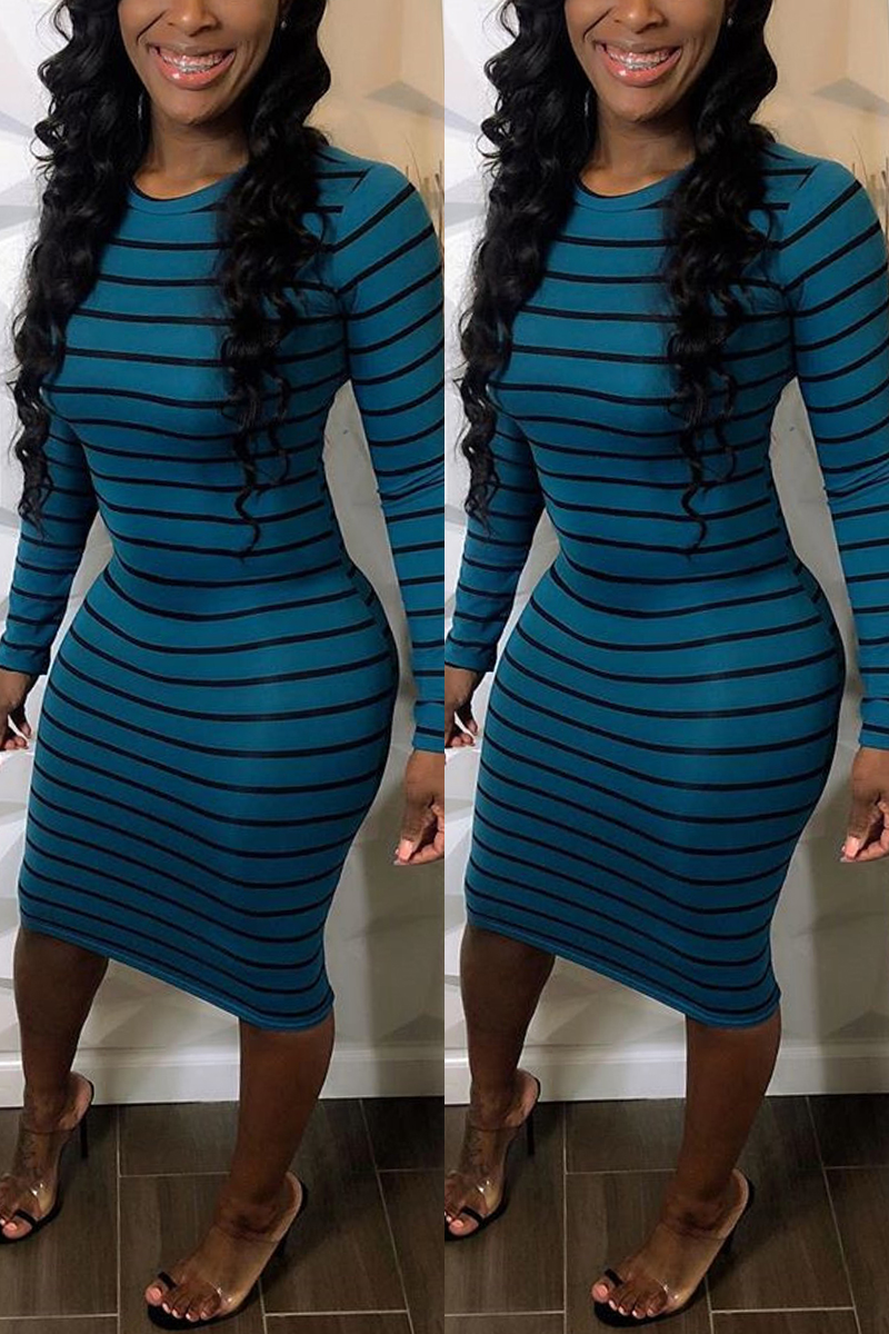 Fashion Casual Striped Blue Long Sleeve Dress