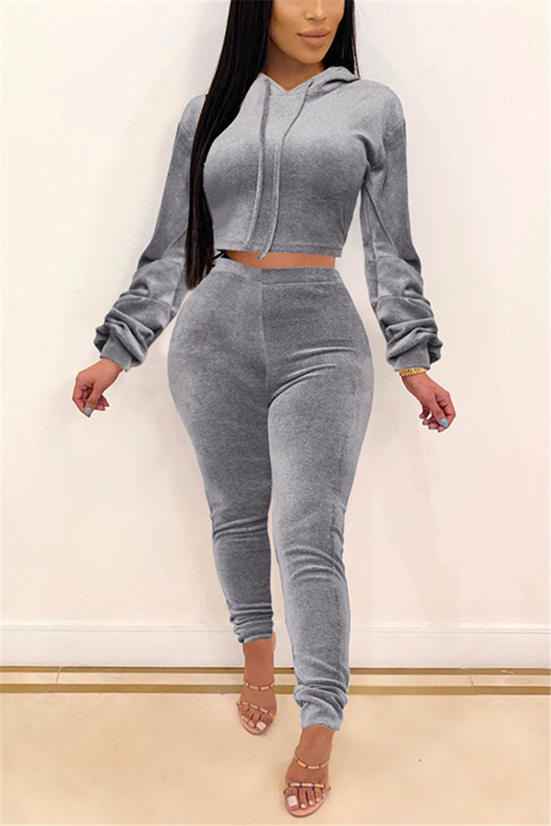 Fashion Sexy Solid Color Hooded Gray Long Sleeve Two Piece Set