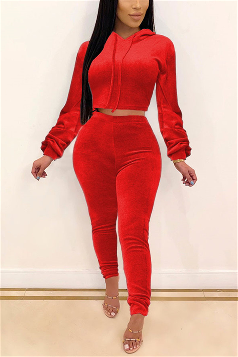 Fashion Sexy Solid Color Hooded Red Long Sleeve Two Piece Set