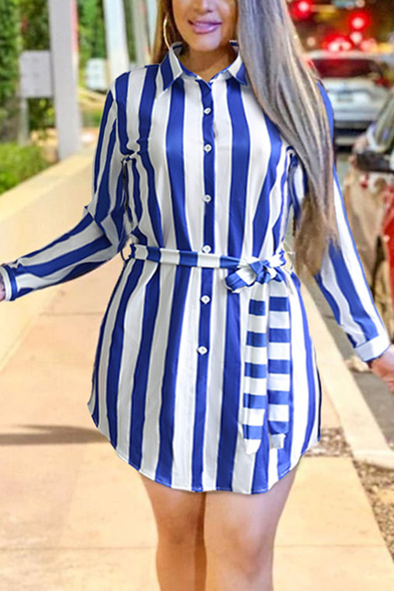 Fashion Casual Striped Print Blue Shirt Dress