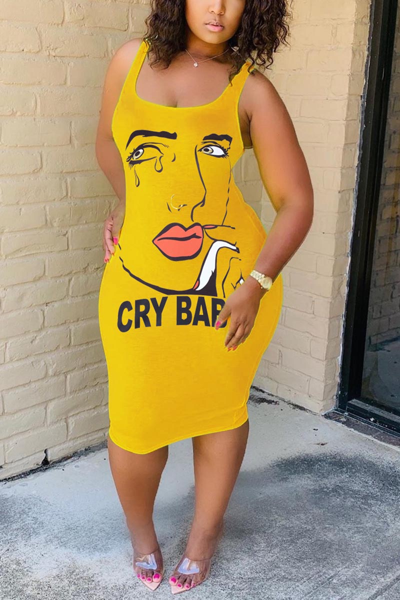 Yellow Fashion Sexy Off The Shoulder Sleeveless O Neck Vest Dress Knee Length Character Print Dresses