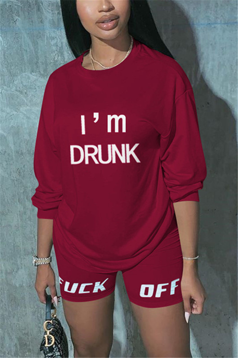 Wine Red Fashion Casual Sportswear Long Sleeve O Neck Regular Sleeve Regular Letter Print Two Pieces