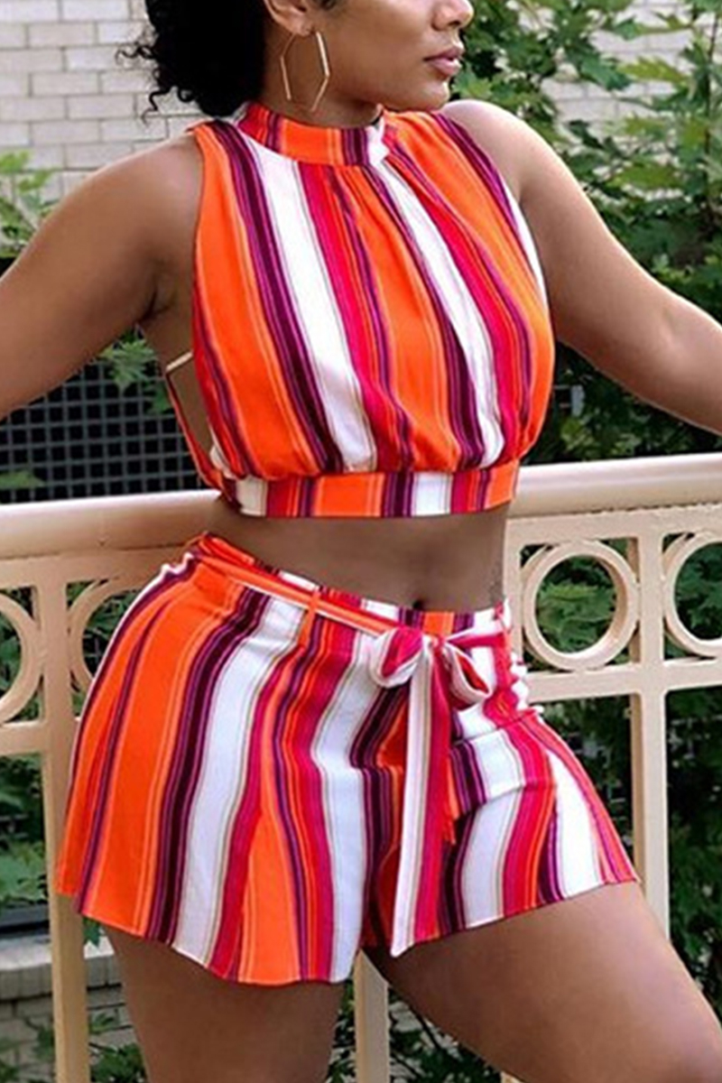 Orange Fashion Sexy Sleeveless Half a turtleneck Off The Shoulder Short Striped Print Two Pieces