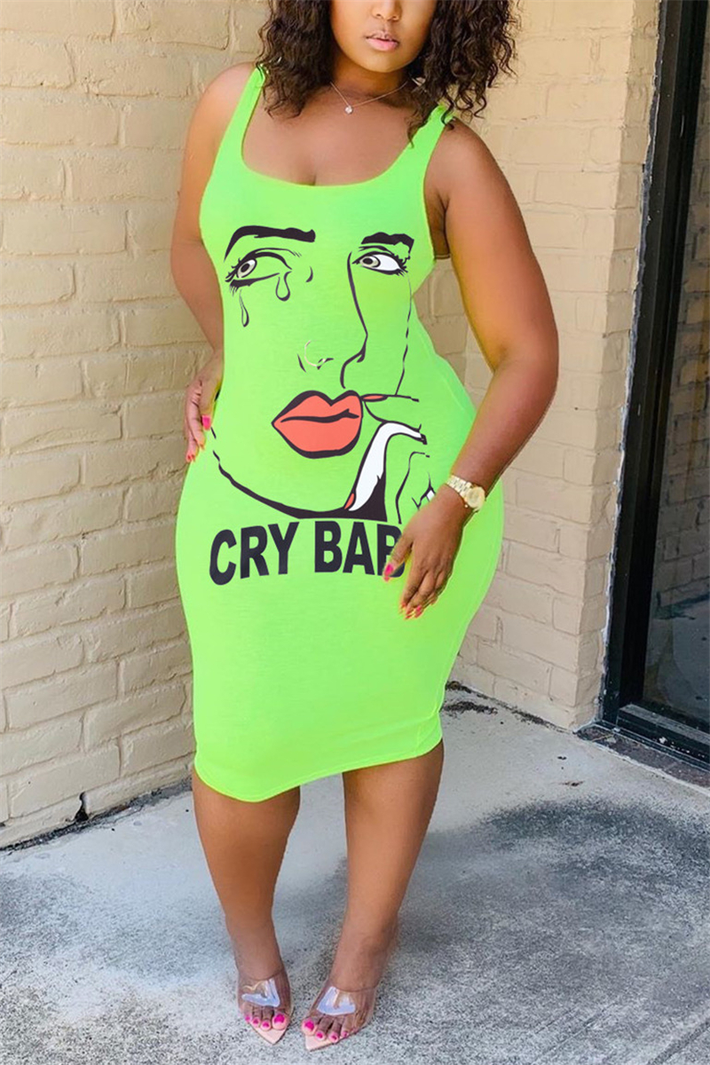 Green Fashion Sexy Off The Shoulder Sleeveless O Neck Vest Dress Knee Length Character Print Dresses
