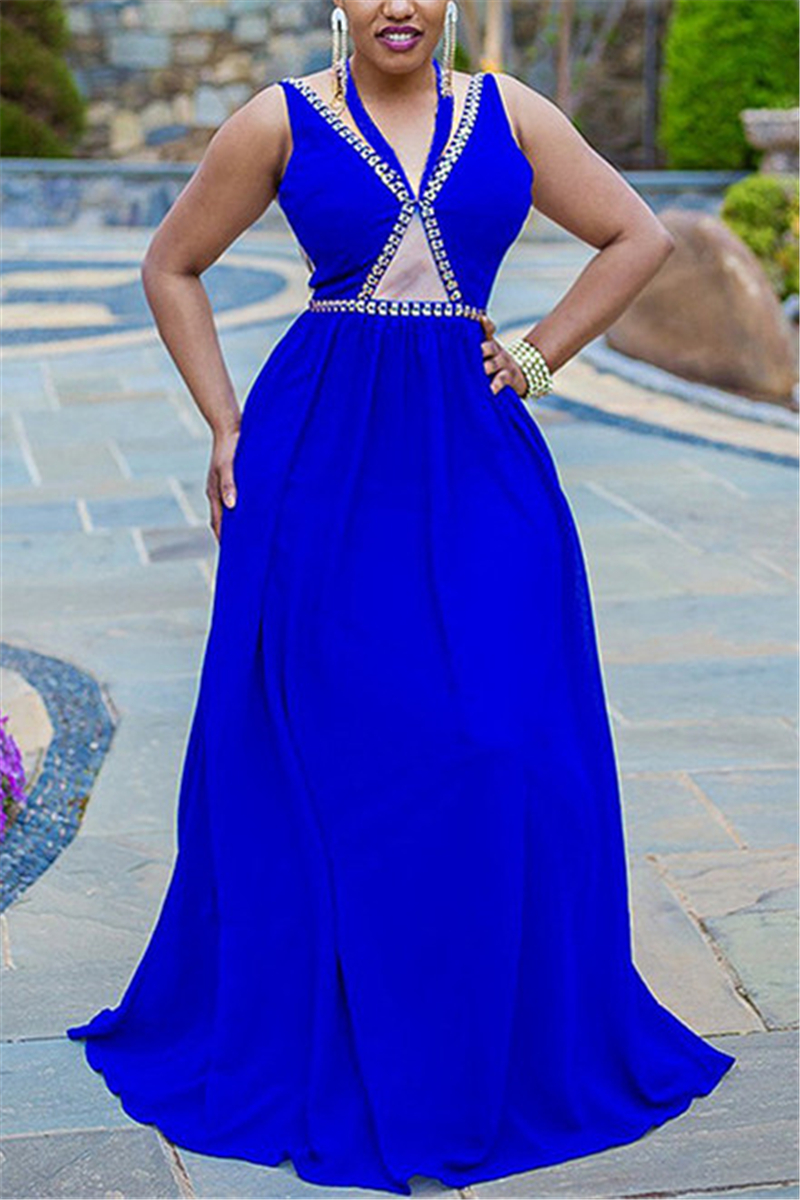 Blue Fashion Sexy Tank Sleeveless V Neck Evening Dress Floor Length Patchwork Dresses