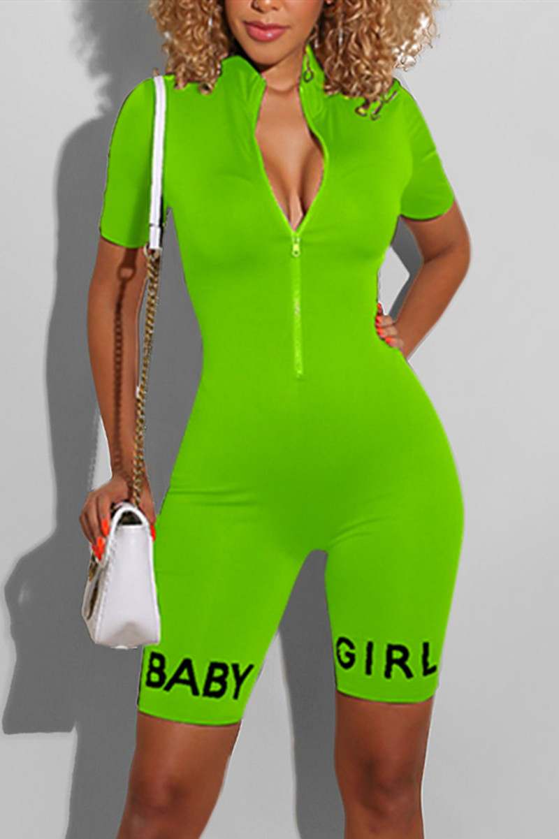 Fluorescent Green Fashion Sexy Zipper Collar Short Sleeve Regular sleeve Skinny Print Romper