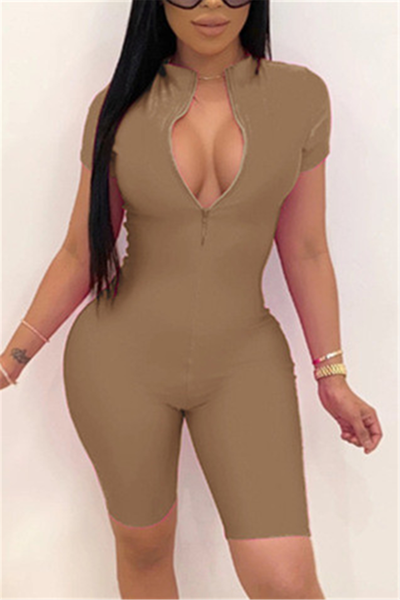 Coffee Fashion Casual Solid zipper Short Sleeve O Neck Jumpsuits