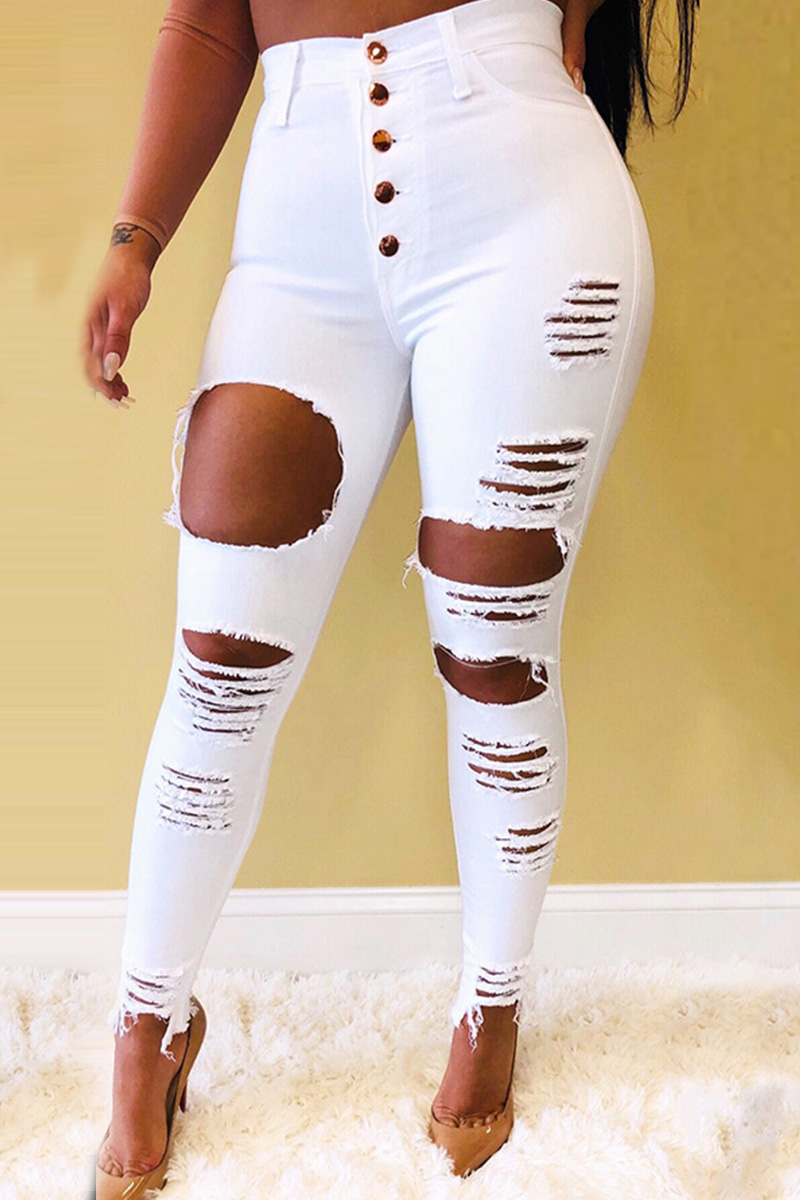 White Fashion Casual Skinny Solid Trousers