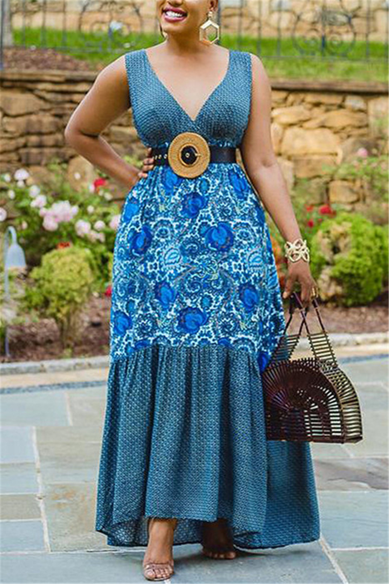 Blue Fashion Sexy Tank Sleeveless V Neck Printed Dress Floor Length Print Dresses