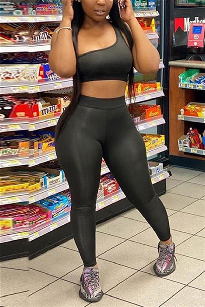 Black Sexy Sportswear Sleeveless One Shoulder Off The Shoulder Short Solid Two Pieces
