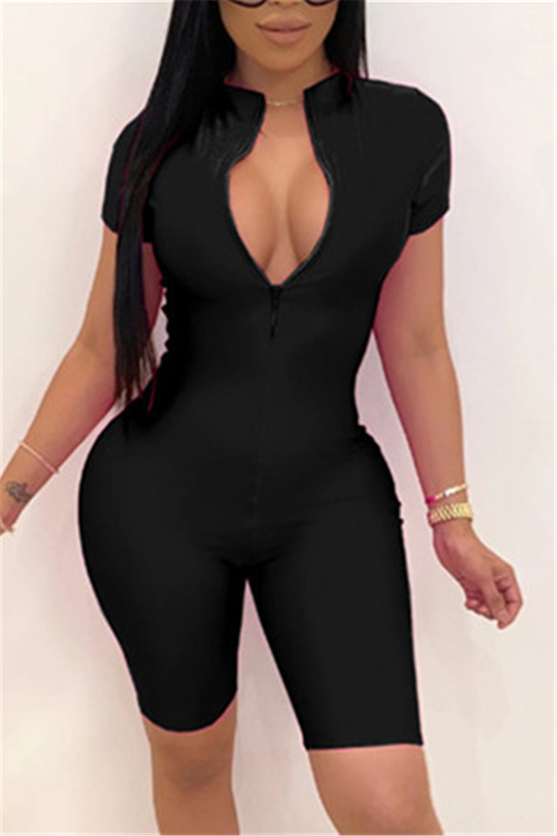 Black Fashion Casual Solid zipper Short Sleeve O Neck Jumpsuits