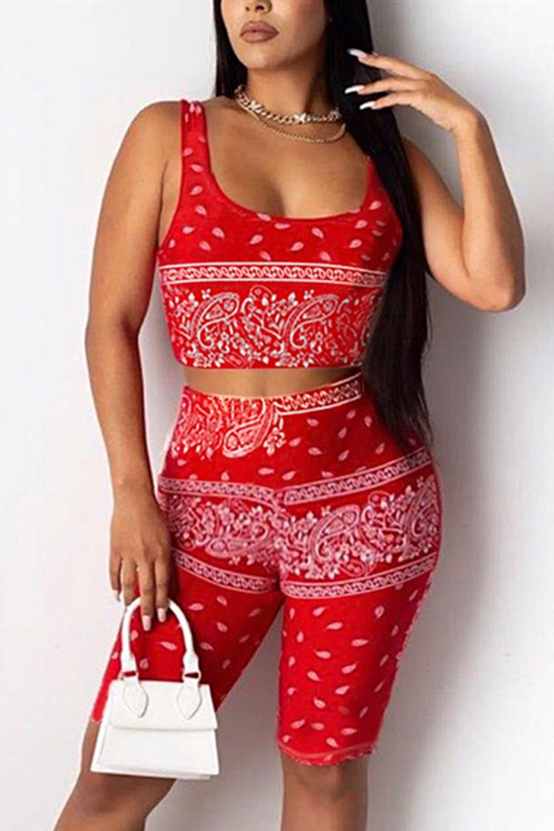 Red Fashion Sportswear Sleeveless U Neck Tank Short Print Two Pieces
