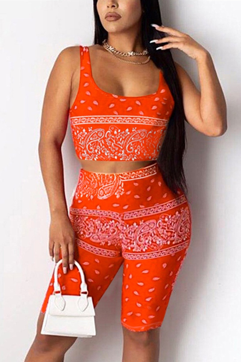 Orange Fashion Sportswear Sleeveless U Neck Tank Short Print Two Pieces