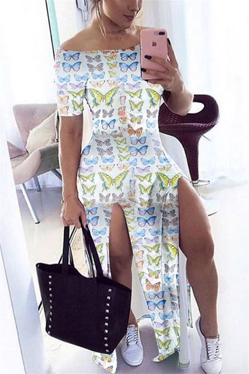 White Fashion adult Ma'am Lightly cooked Off The Shoulder Short Sleeves One word collar Step Skirt Floor-Length Print Animal Dresses