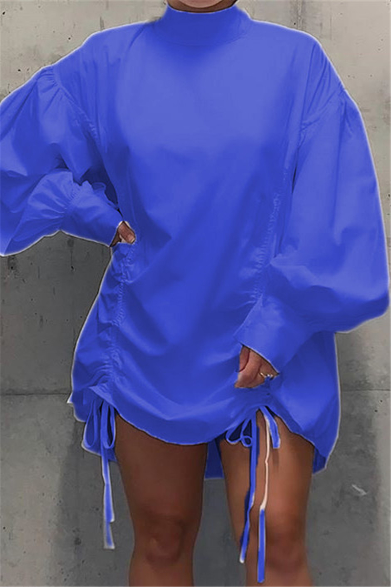 Blue Fashion Casual Lantern Sleeve Long Sleeve Mandarin Collar Shirt Dress Mini Print Dresses