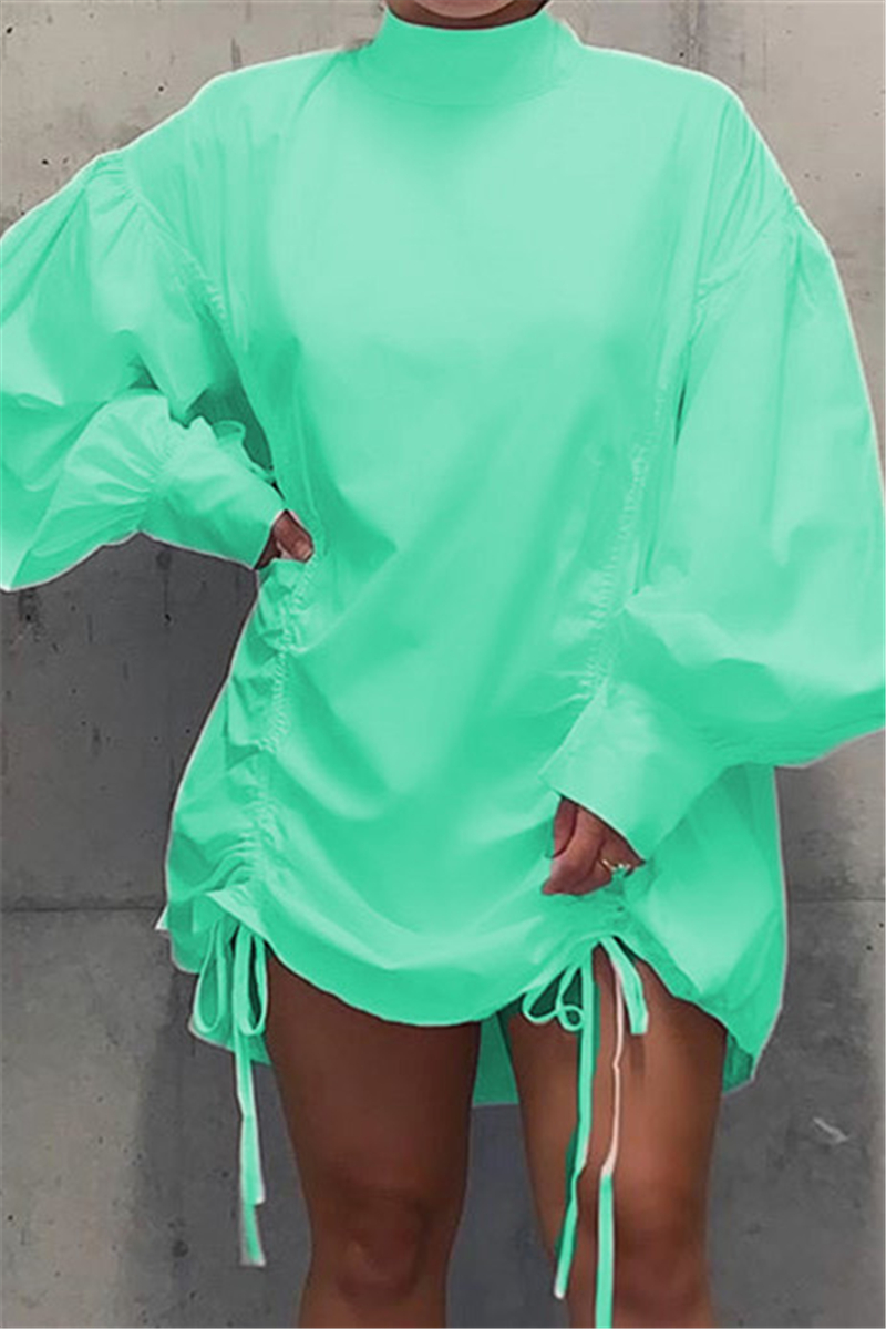 Light Green Fashion Casual Lantern Sleeve Long Sleeve Mandarin Collar Shirt Dress Mini Print Dresses